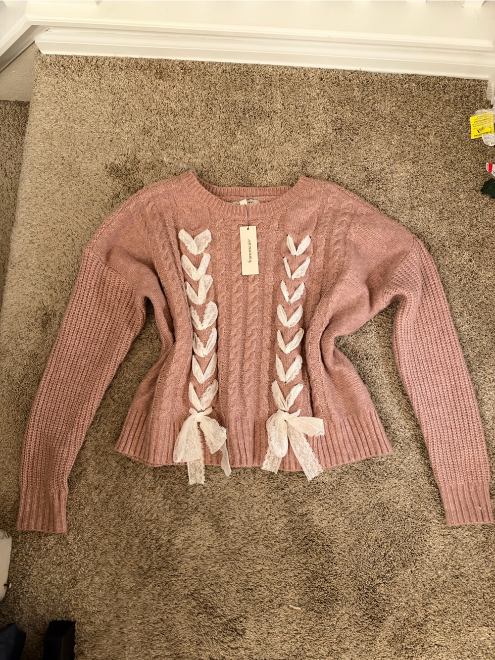 Francesca's Collections Dusty Pink Cable Knit Sweater with Lace Braid